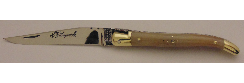 Couteau le Laguiole pointe de corne 9cm 2 mitres laiton 10913-18 Coutellerie Chevalerias Thiers